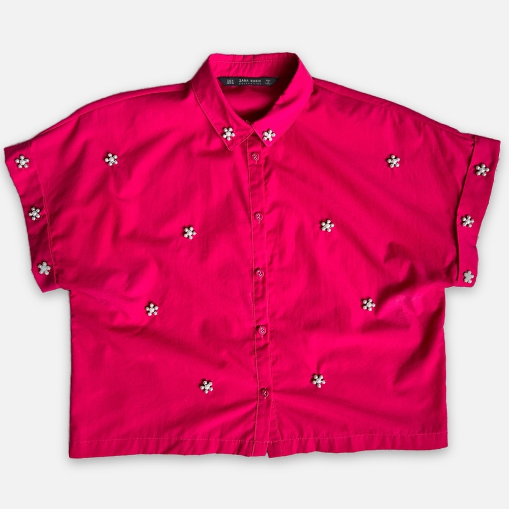 Zara Bright Pink Pearl Embellished Button-Down Shirt with Cropped Fit